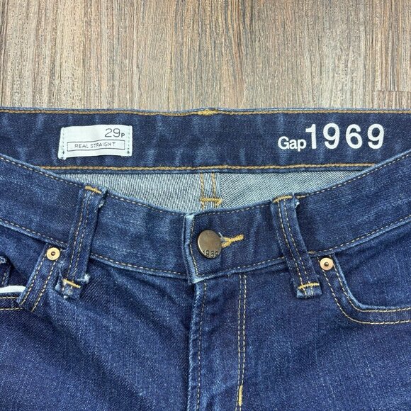GAP 1969 Jeans Real Straight Stretch Dark Wash Thick Stitch Women’s Size 29p - Picture 5 of 11